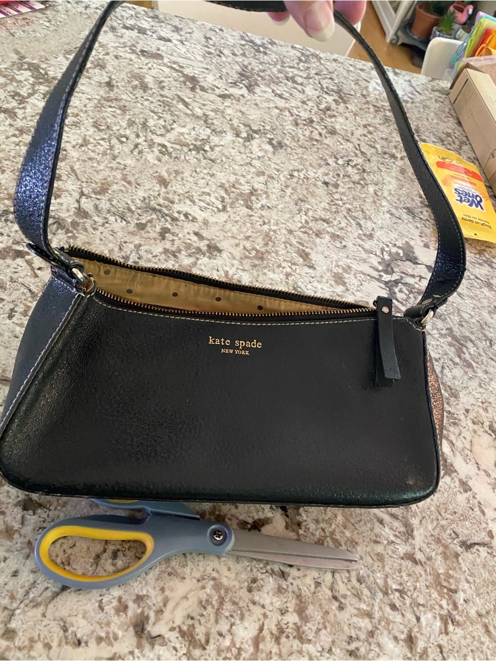 kate spade black leather shoulder purse with gold logo